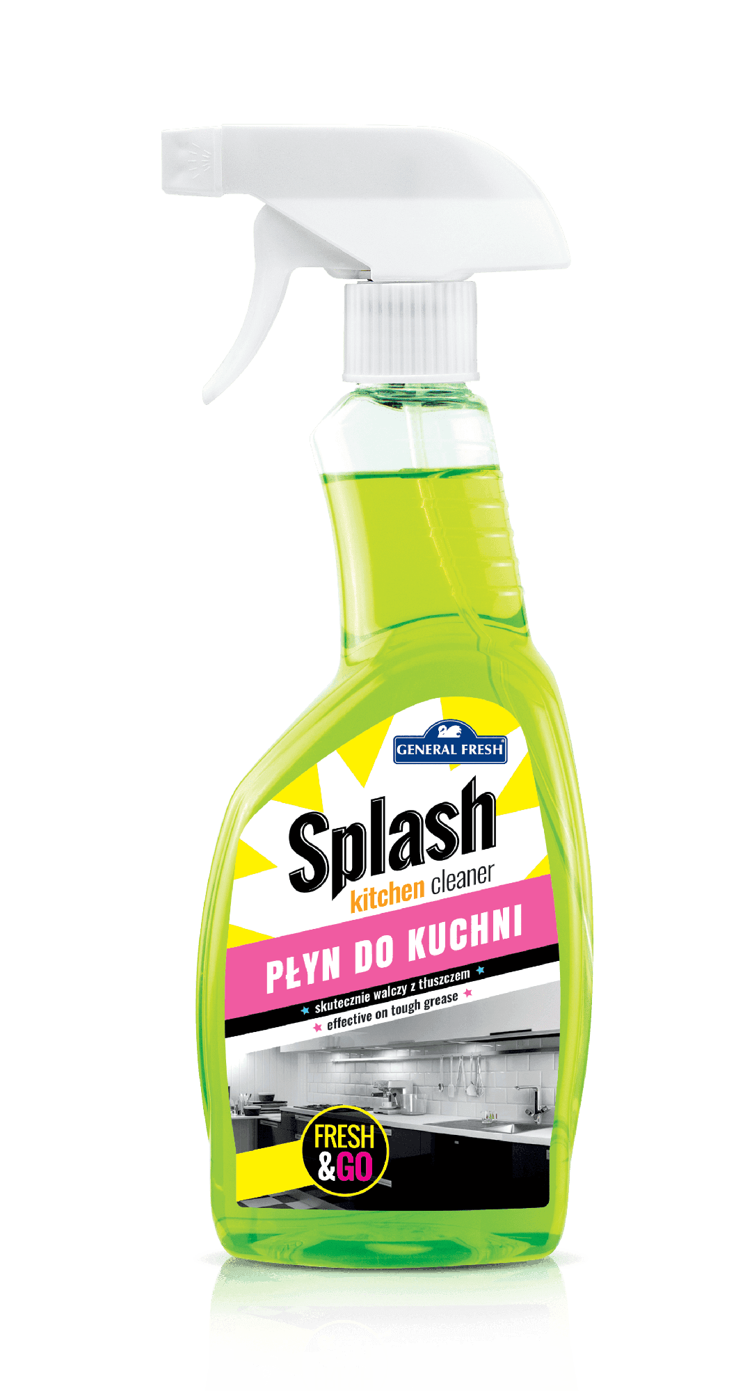 Płyn do Kuchni Czysta Kuchnia General Fresh Splash Spray 500 ml, butelka z atomizerem i zielonym płynem na czarnym tle