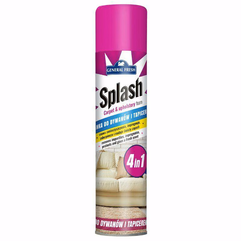 SPLASH pianka do dywanów i tapicerek, fioletowe opakowanie spray 4w1 General Fresh na białym tle