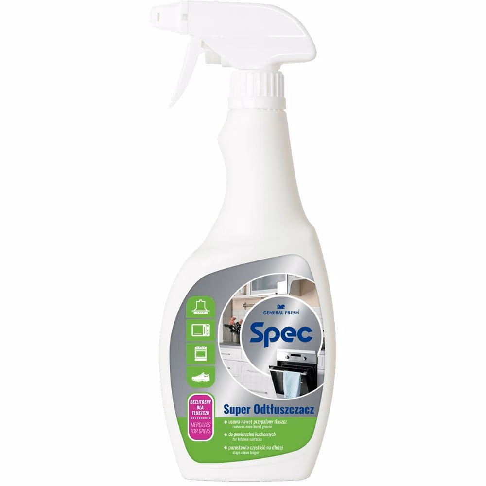 Odtłuszczacz do Kuchni General Fresh Spec Super Odtłuszczacz Spray 500 ml, biała butelka z atomizerem na jasnym tle