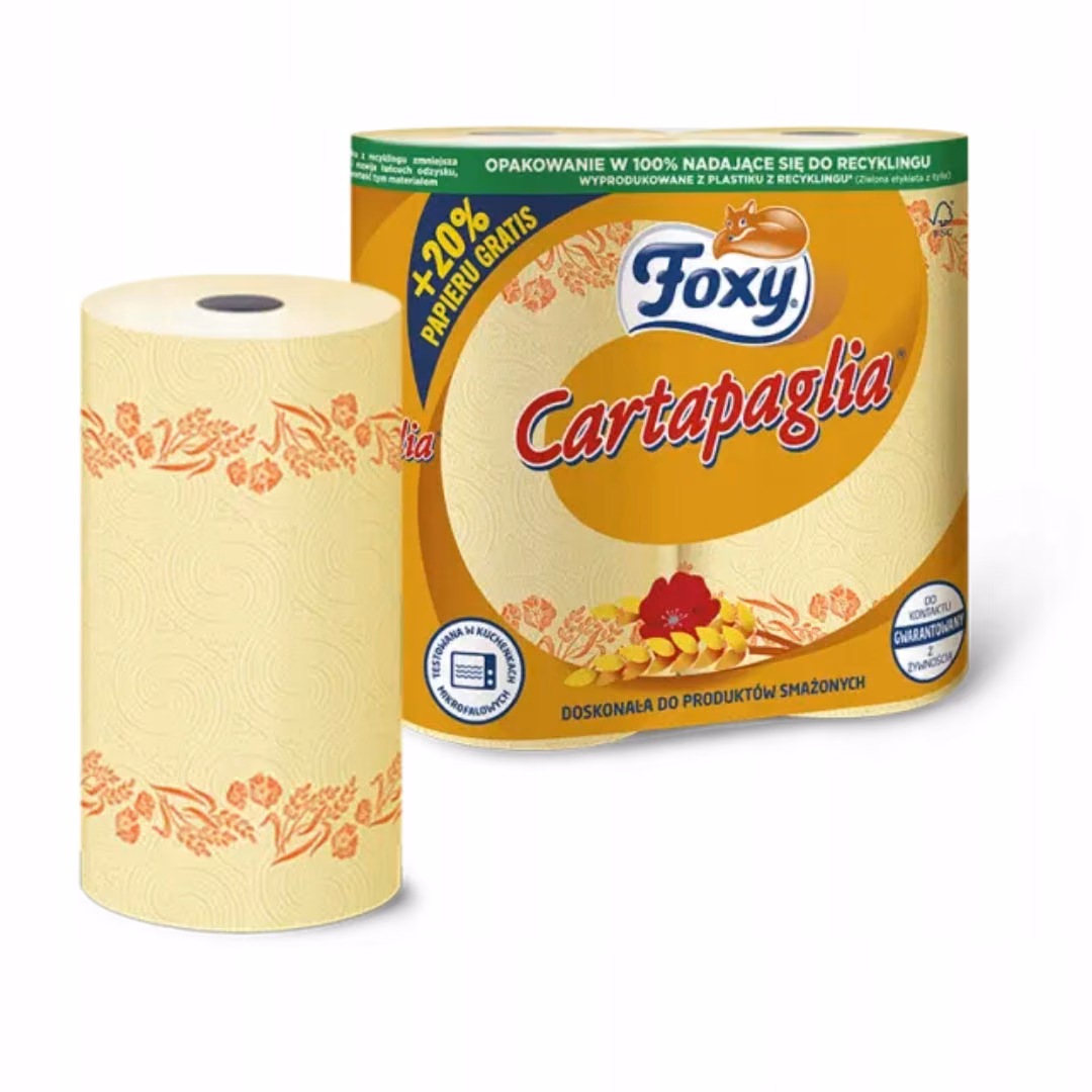Ręcznik Papierowy Kuchenny Foxy Cartapaglia 2-warstwowy 2 rolki, opakowanie zbiorcze i pojedyncza żółta rolka z tłoczeniem