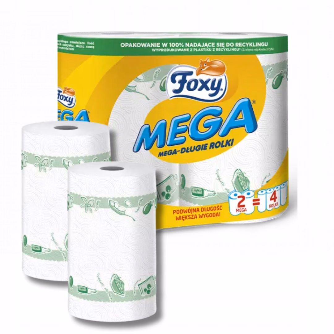 Ręcznik Kuchenny Papierowy Foxy Mega Dwuwarstwowy Biały 2 rolki, opakowanie zbiorcze i dwie wyjęte rolki z zielonym wzorem