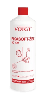 Płyn VC-121 1l PIKASOFT-ŻEL VC, biała butelka z czerwoną nakrętką i grafiką sanitariatów na czarnym tle