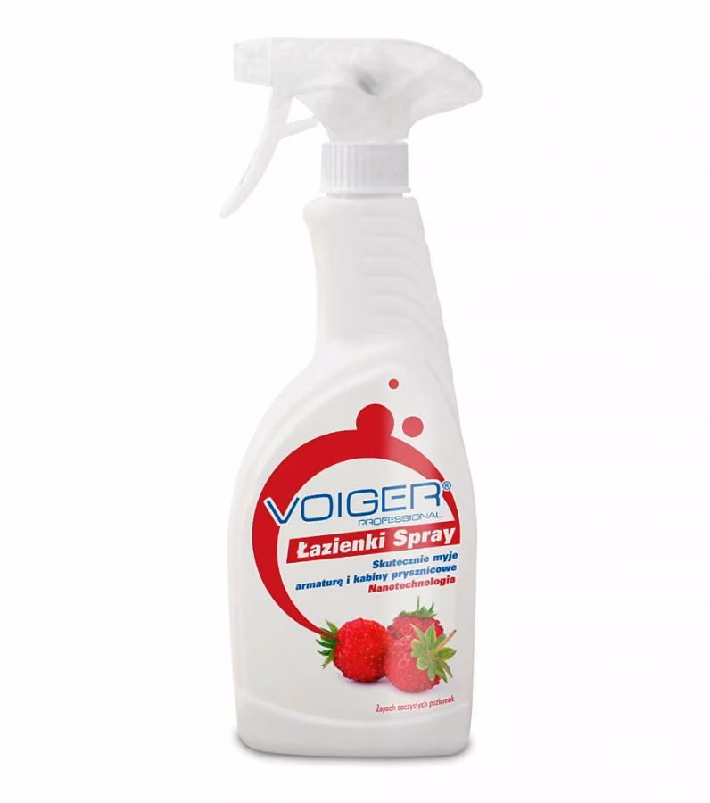 VOIGER ŁAZIENKI spray 0,5l, biała butelka z atomizerem i etykietą z grafiką poziomek na białym tle