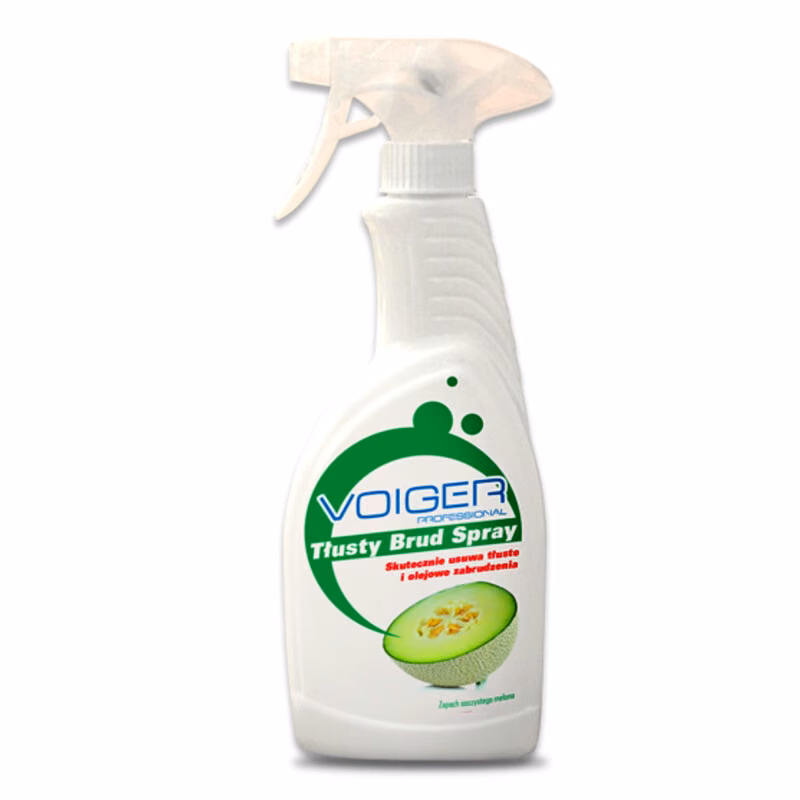 Odtłuszczacz Voiger Tłusty Brud Spray 500 ml, biała butelka z atomizerem i grafiką melona na etykiecie