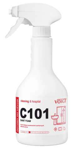 Płyn do Mycia Sanitariatów Aktywna Piana Voigt C101 Sanit Foam Spray 600 ml, biała butelka z atomizerem na czarnym tle
