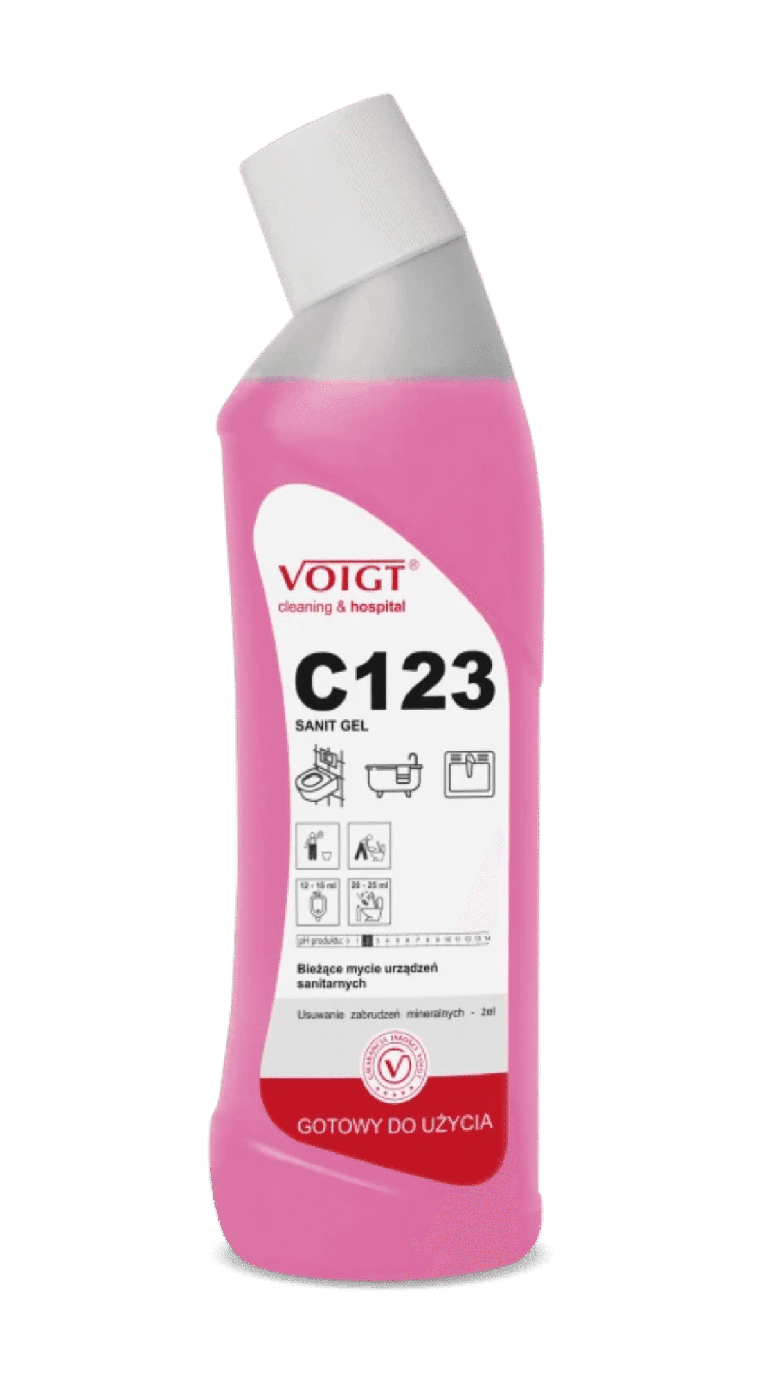 Płyn C123 1l SANIT GEL (VC-117), różowa butelka z wygiętą szyjką ułatwiającą mycie toalet