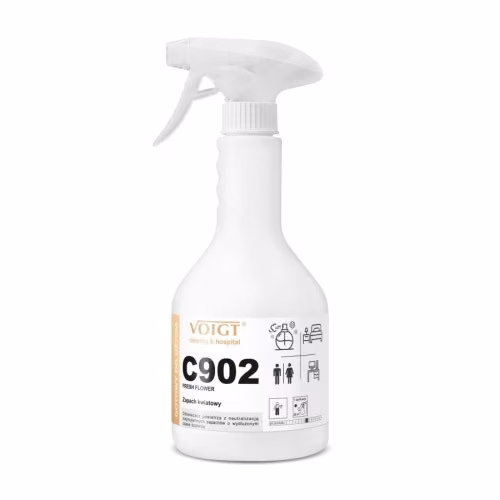 Odświeżacz Powietrza Voigt C902 Fresh Flower Spray 600 ml, widok pod kątem na opakowanie z ikonami zastosowania
