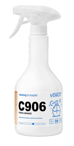 Odświeżacz Powietrza Voigt C906 Fresh Orange 600 ml, biała butelka z atomizerem i etykietą serii cleaning & hospital