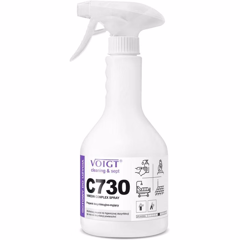 Płyn do Dezynfekcji Voigt C730 Vimedin Complex Spray 600 ml, biała butelka z atomizerem i fioletową etykietą