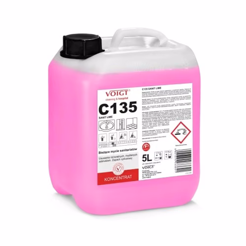 Płyn do Mycia Sanitariatów Voigt C135 Sanit Lime 5L, różowy koncentrat w białym kanistrze z czarną nakrętką