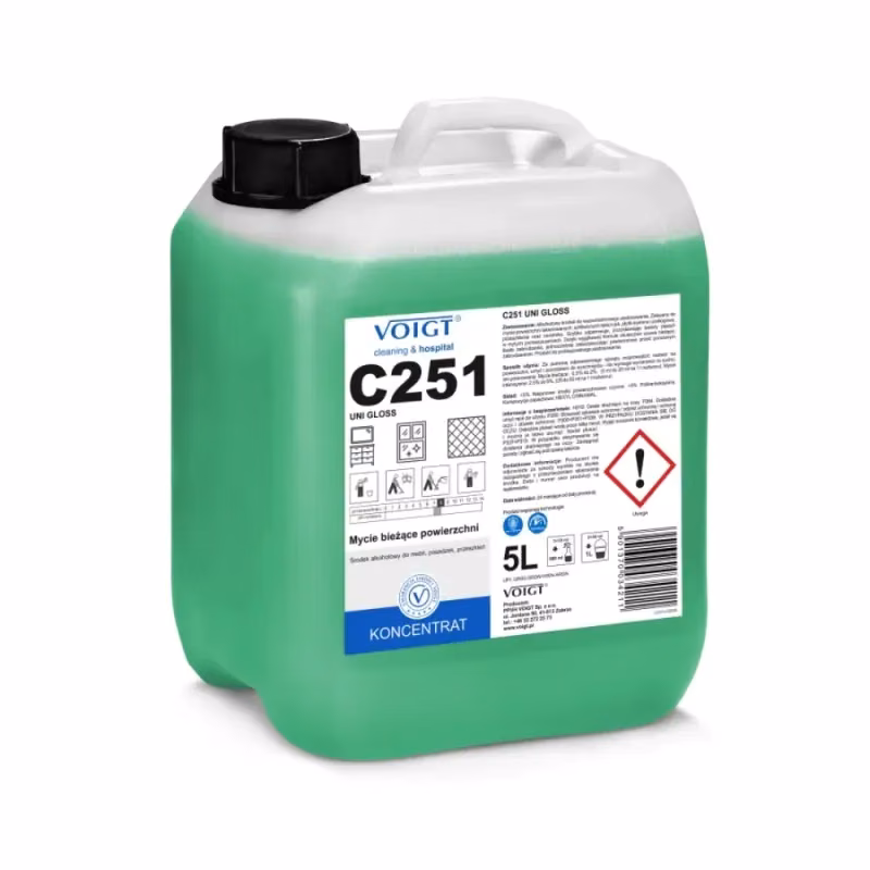 Voigt C251 Uni Gloss 5 L, biały kanister z zielonym płynem i etykietą informacyjną