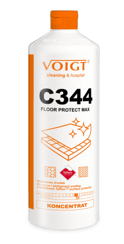 Płyn do Mycia i Pielęgnacji Posadzek Voigt C344 Floor Protect MAX 1L, biała butelka z pomarańczową nakrętką na czarnym tle