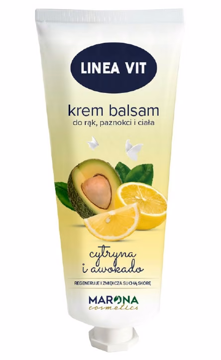 Krem do rąk Marona Cosmetics Linea VIT, opakowanie z grafiką przekrojonego awokado i cytryny na jasnym tle