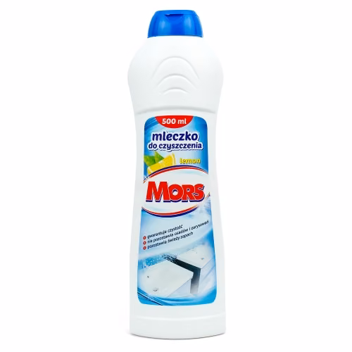 Mleczko MORS 500ml, biała butelka z niebieską nakrętką i etykietą o zapachu cytrynowym