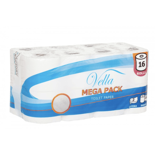Papier celulozowy VELLA 2 warstwowy 150 listków, opakowanie zbiorcze Mega Pack 16 rolek w folii