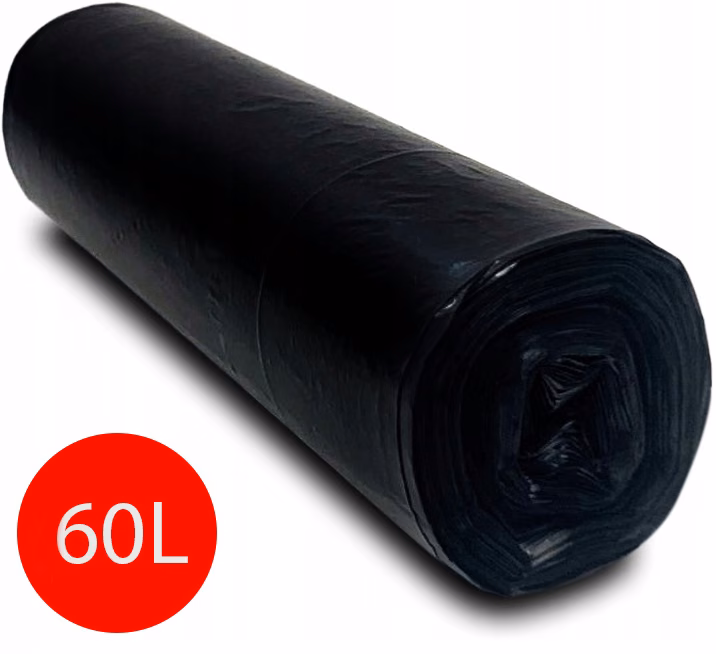 Worki na śmieci LDPE Grube Olimar 15038 Czarne 60L, rolka mocnej folii z widoczną teksturą i oznaczeniem pojemności