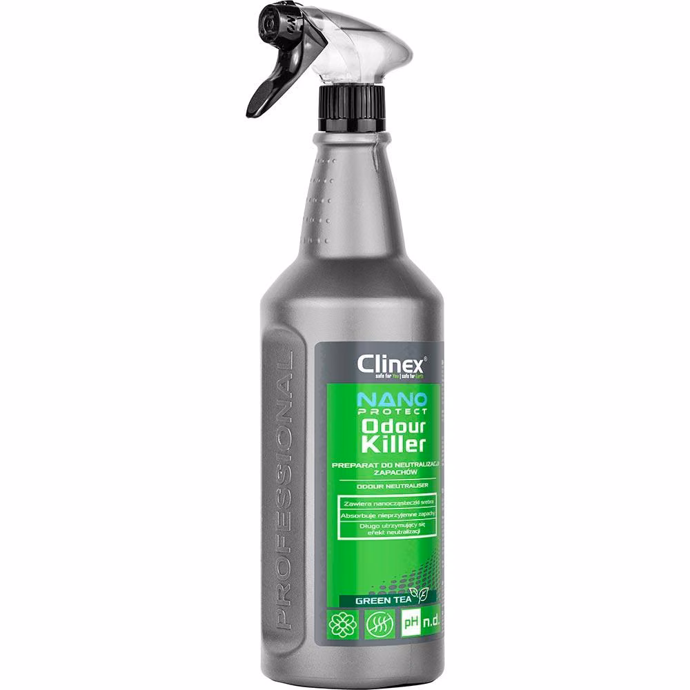 Neutralizator Zapachów Clinex Nano Protect Silver Odour Killer Green Tea, szara butelka 1L z atomizerem na białym tle