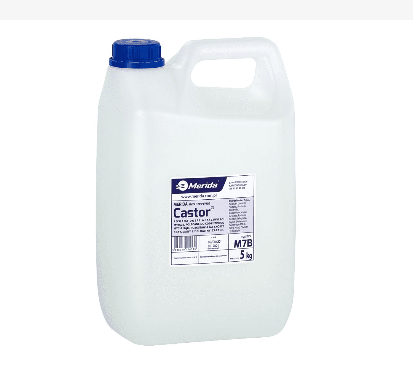Mydło w płynie MERIDA CASTOR 5kg, biały kanister z niebieską nakrętką i etykietą informacyjną