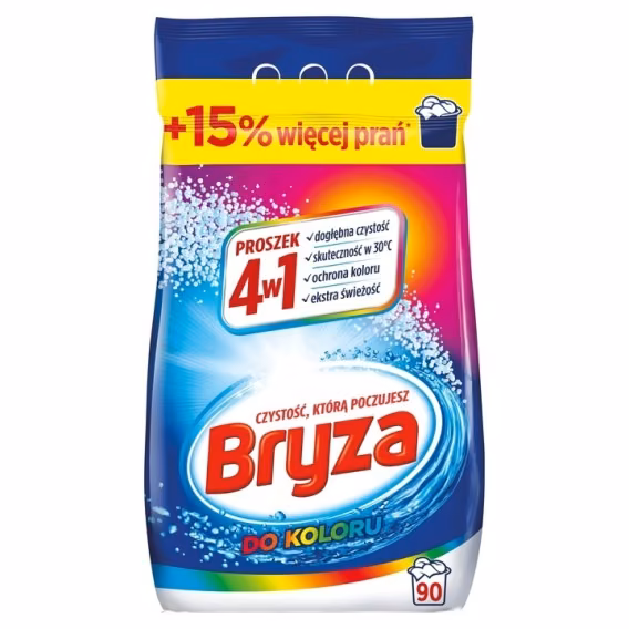 Proszek do Prania Tkanin Kolorowych Bryza 4w1 Color 5.85 kg 90 prań, opakowanie z uchwytem i oznaczeniem 90 prań