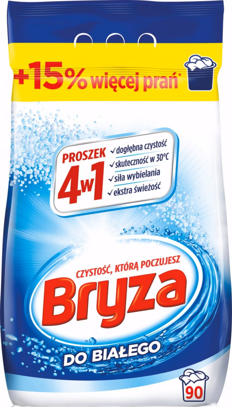 Proszek do Prania Białych Tkanin Bryza Lanza Expert 4w1 White 5.85 kg, opakowanie 90 prań z widocznym logo i opisem korzyści