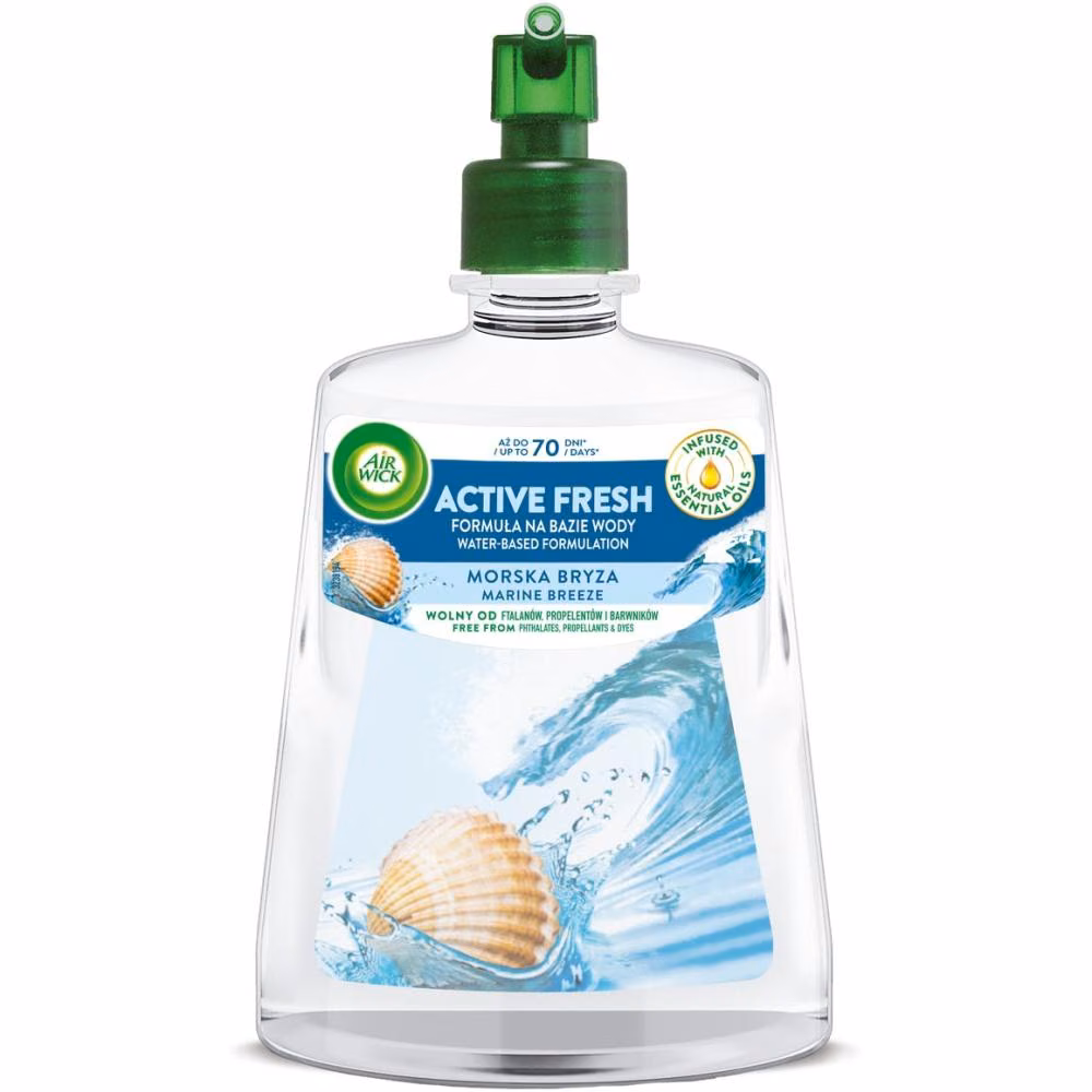 Odświeżacz Powietrza Air Wick Active Fresh Białe Kwiaty Zapas 228 ml, widok z przodu na przezroczystą butelkę z atomizerem