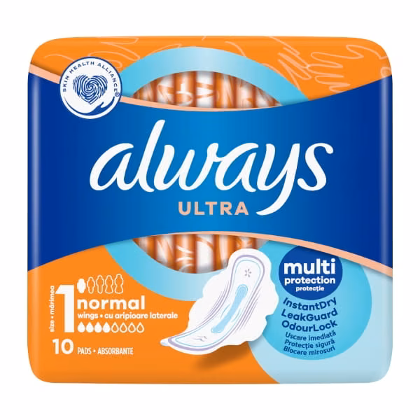 Podpaski Always Ultra Normal Rozmiar 1 10 szt., opakowanie z widoczną grafiką produktu i technologią InstantDry