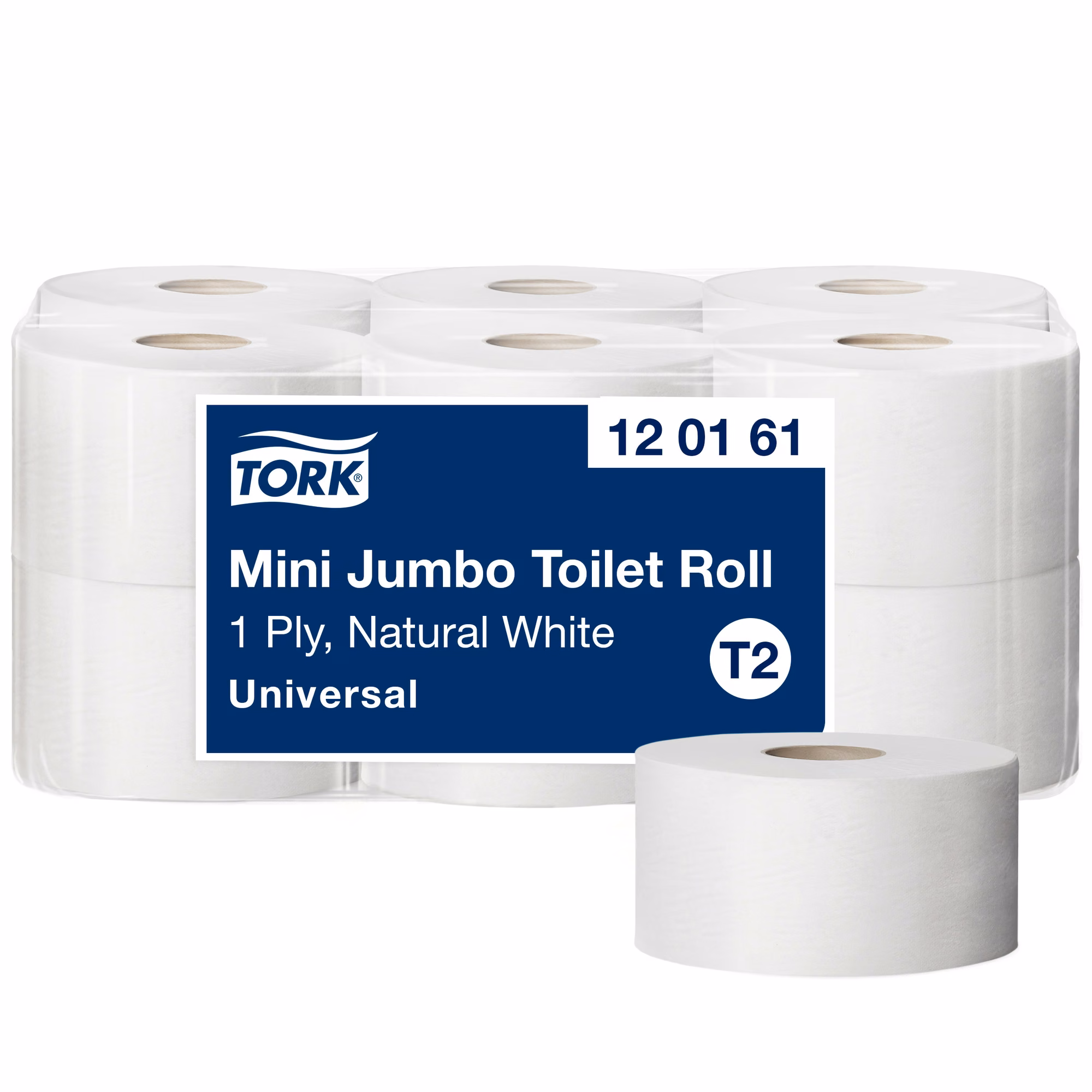Tork papier toaletowy mini jumbo Universal, zbliżenie na pojedynczą białą rolkę na tle zgrzewki