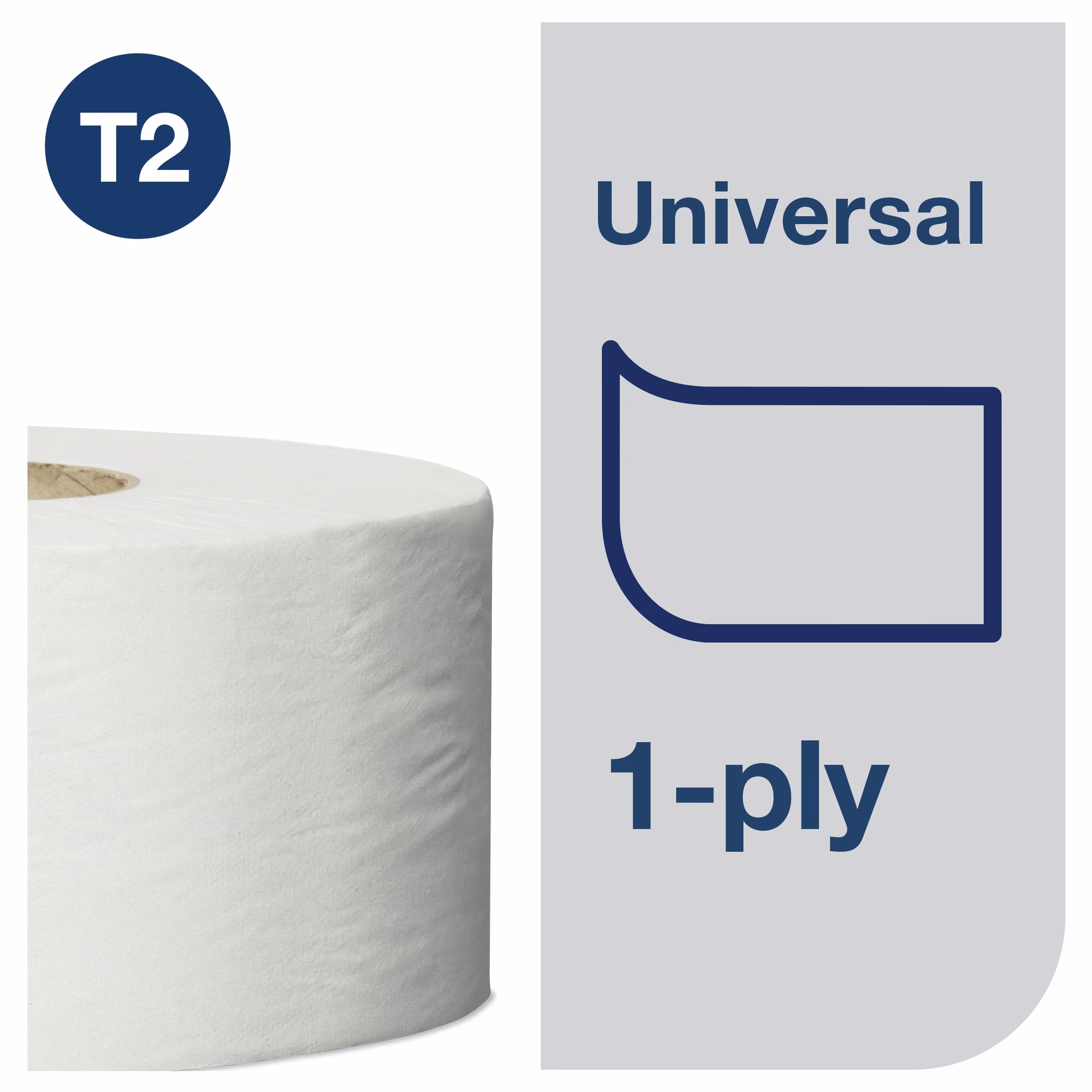 Tork papier toaletowy mini jumbo Universal, specyfikacja 1-warstwowa i system T2 na szarym tle