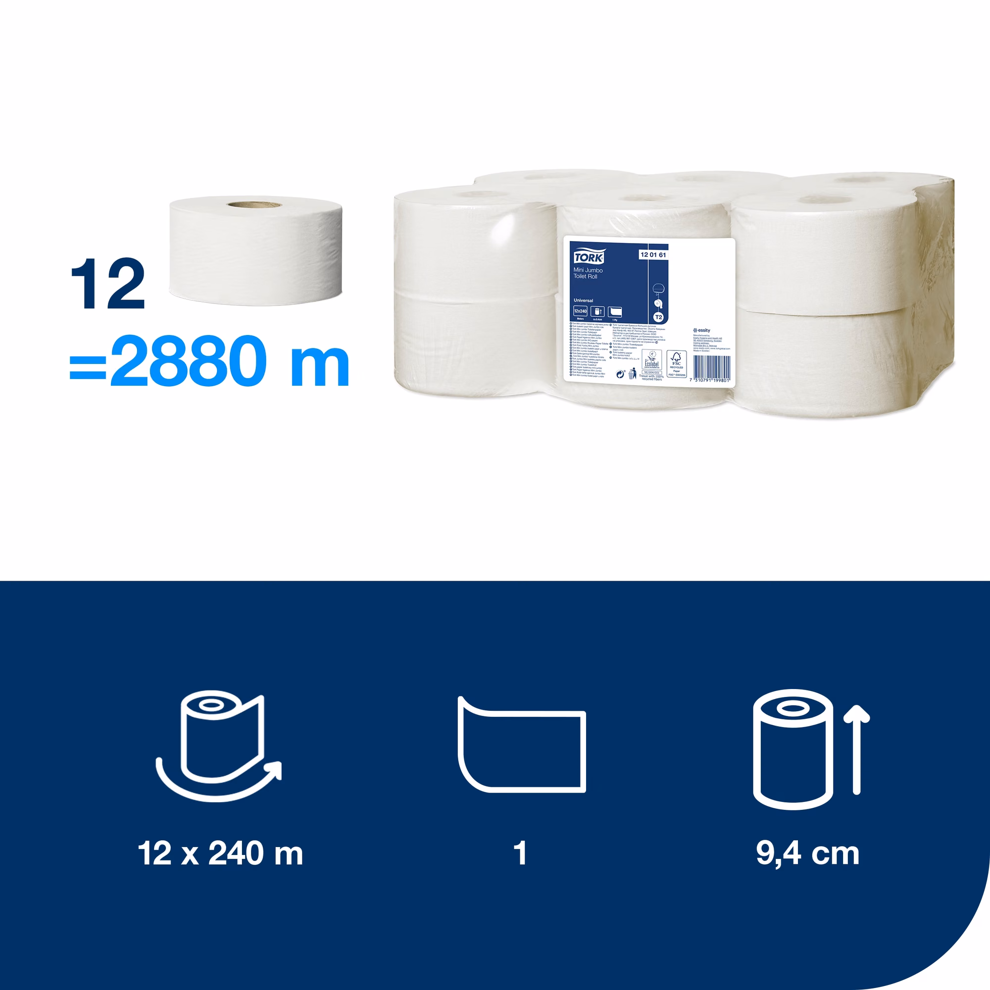 Tork papier toaletowy mini jumbo Universal, infografika wymiarŃw rolki 240m i szerokości 9,4 cm