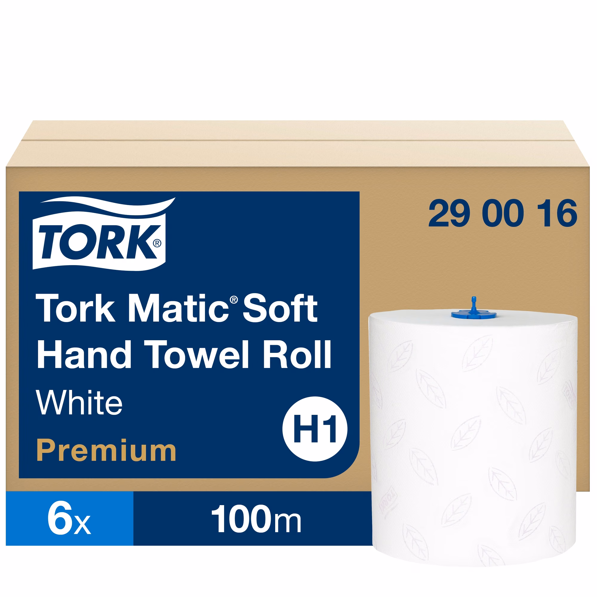 Tork Matic® ekstra miękki ręcznik w roli, biała rolka Premium H1 na tle opakowania zbiorczego