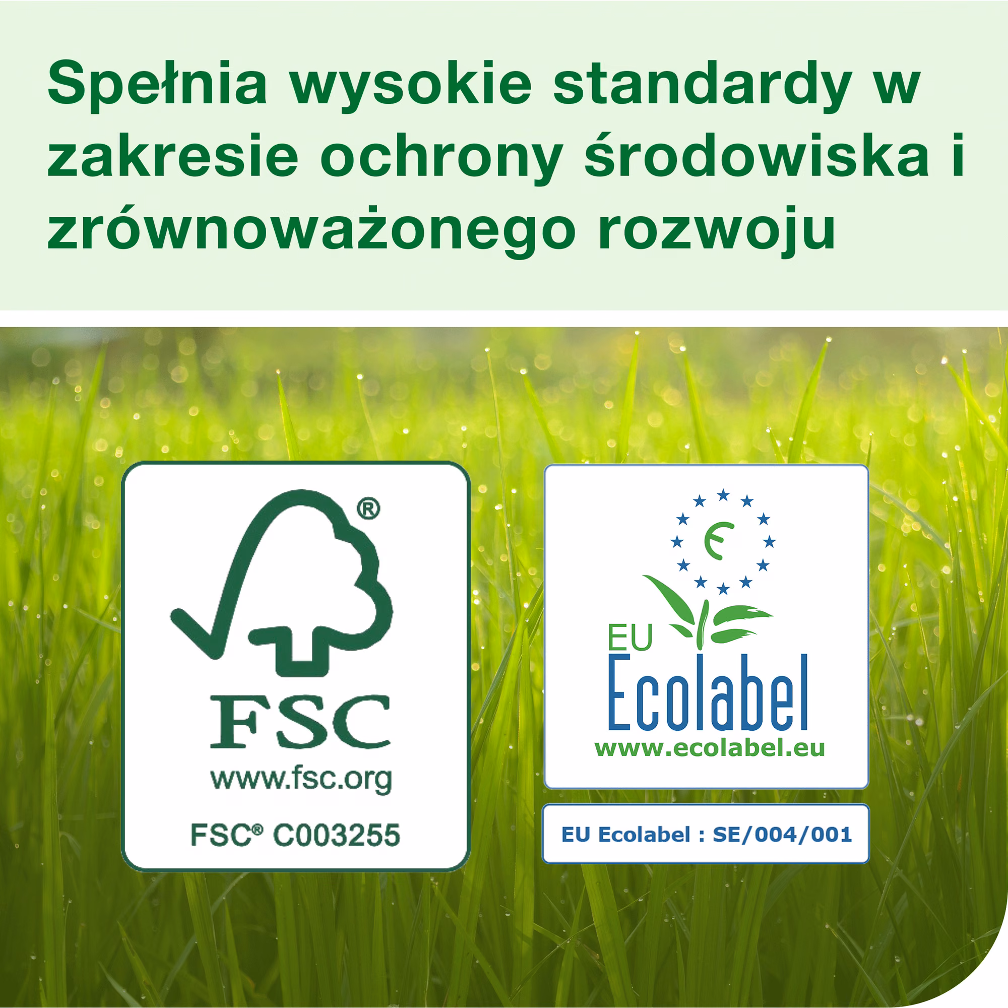 Tork PeakServe® niekończący się ręcznik do rąk, certyfikaty ekologiczne FSC oraz EU Ecolabel na tle zielonej trawy