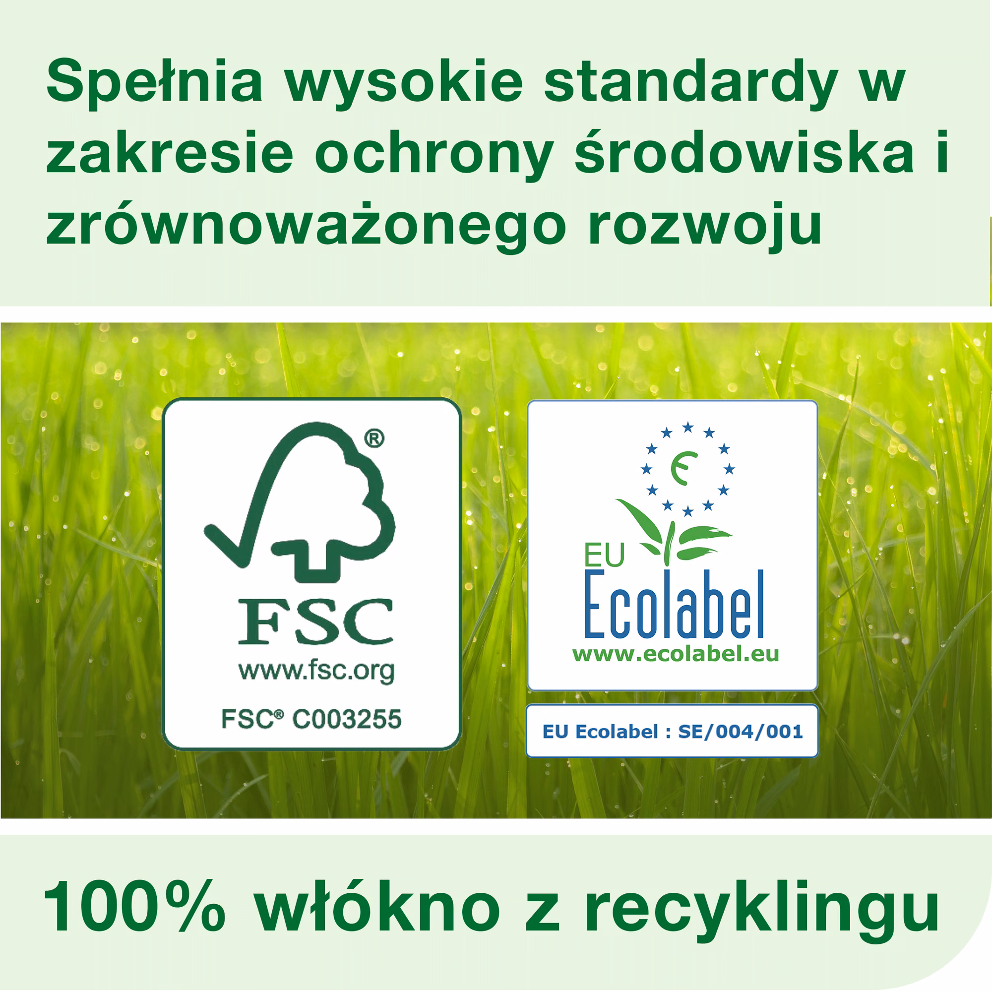 Tork papier toaletowy mini jumbo Universal, certyfikaty FSC i EU Ecolabel na tle zielonej trawy