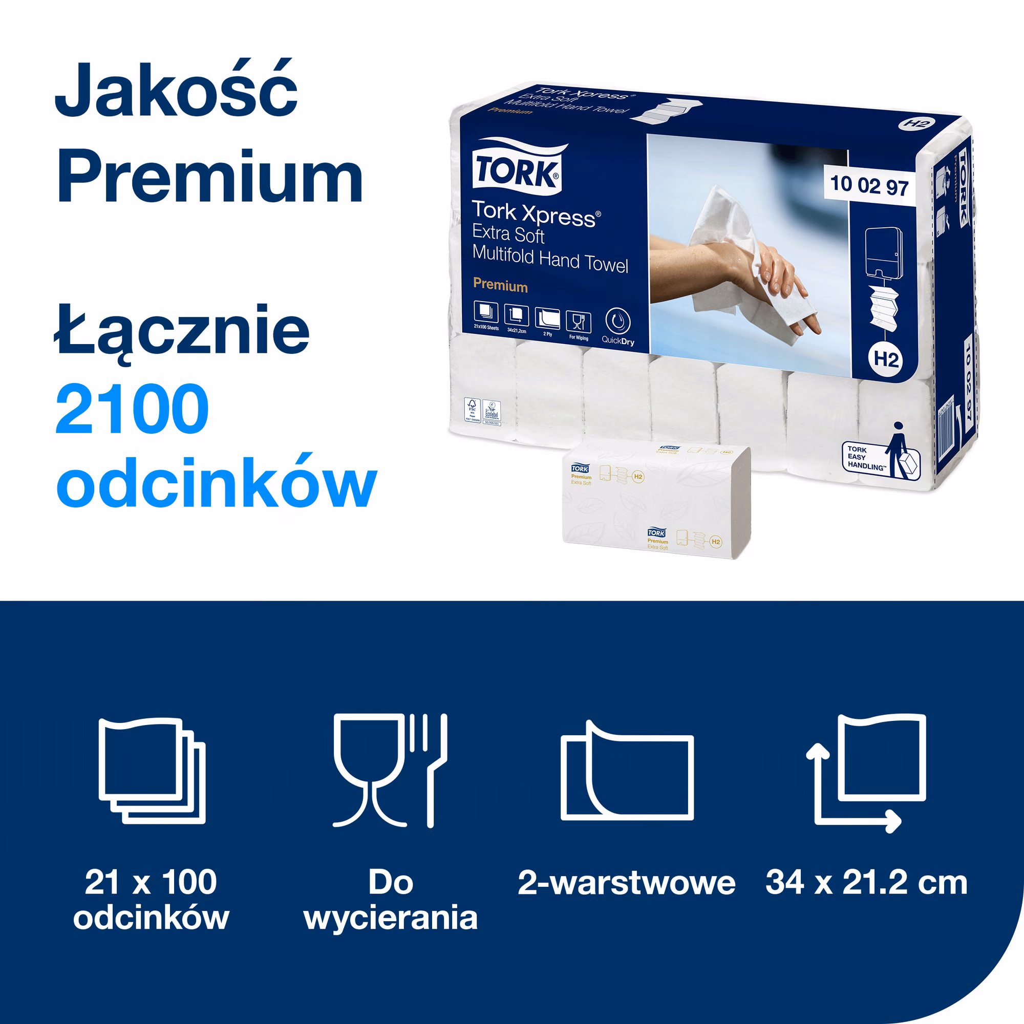 Tork Xpress 100297, infografika z parametrami: 2-warstwowy, wymiary 34x21.2 cm, 2100 odcinków