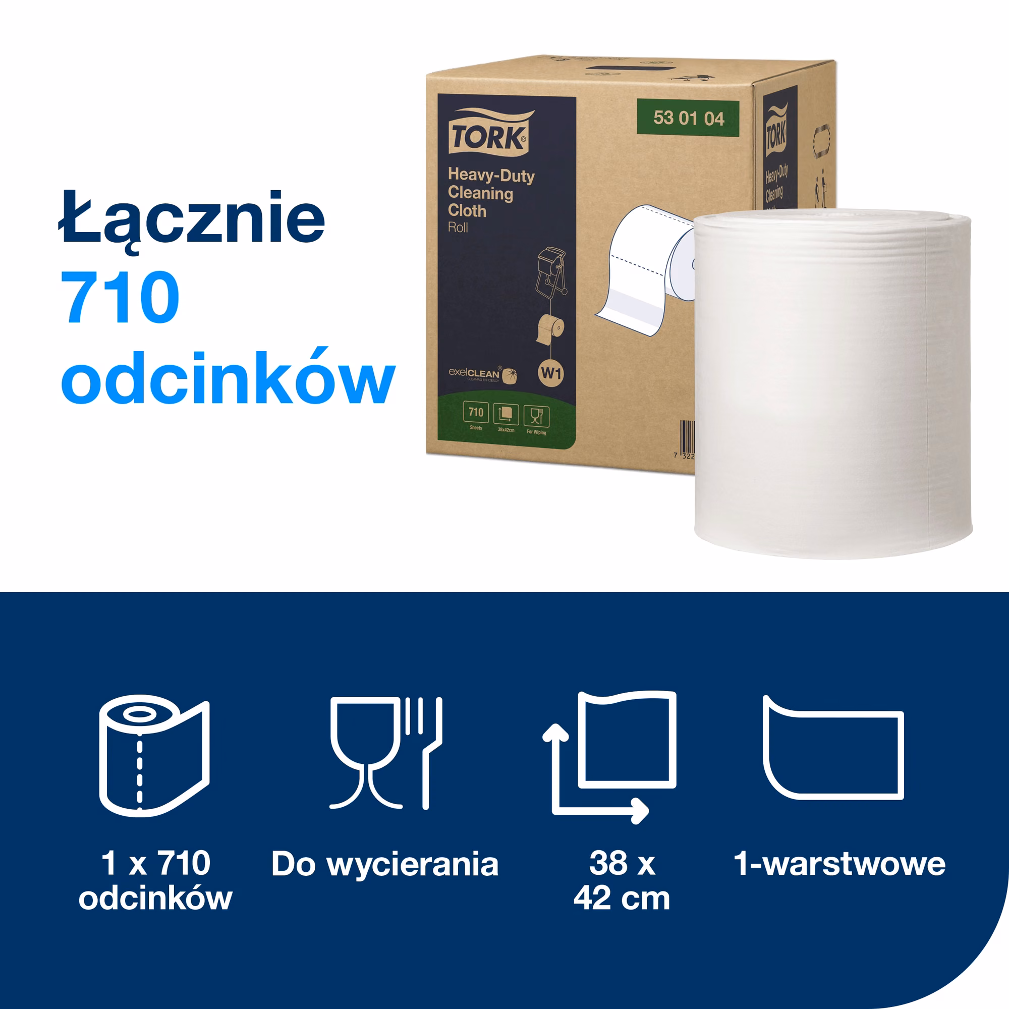 Czyściwo do trudnych zabrudzeń Tork W1, specyfikacja produktu: 710 odcinków o wymiarach 38x42 cm