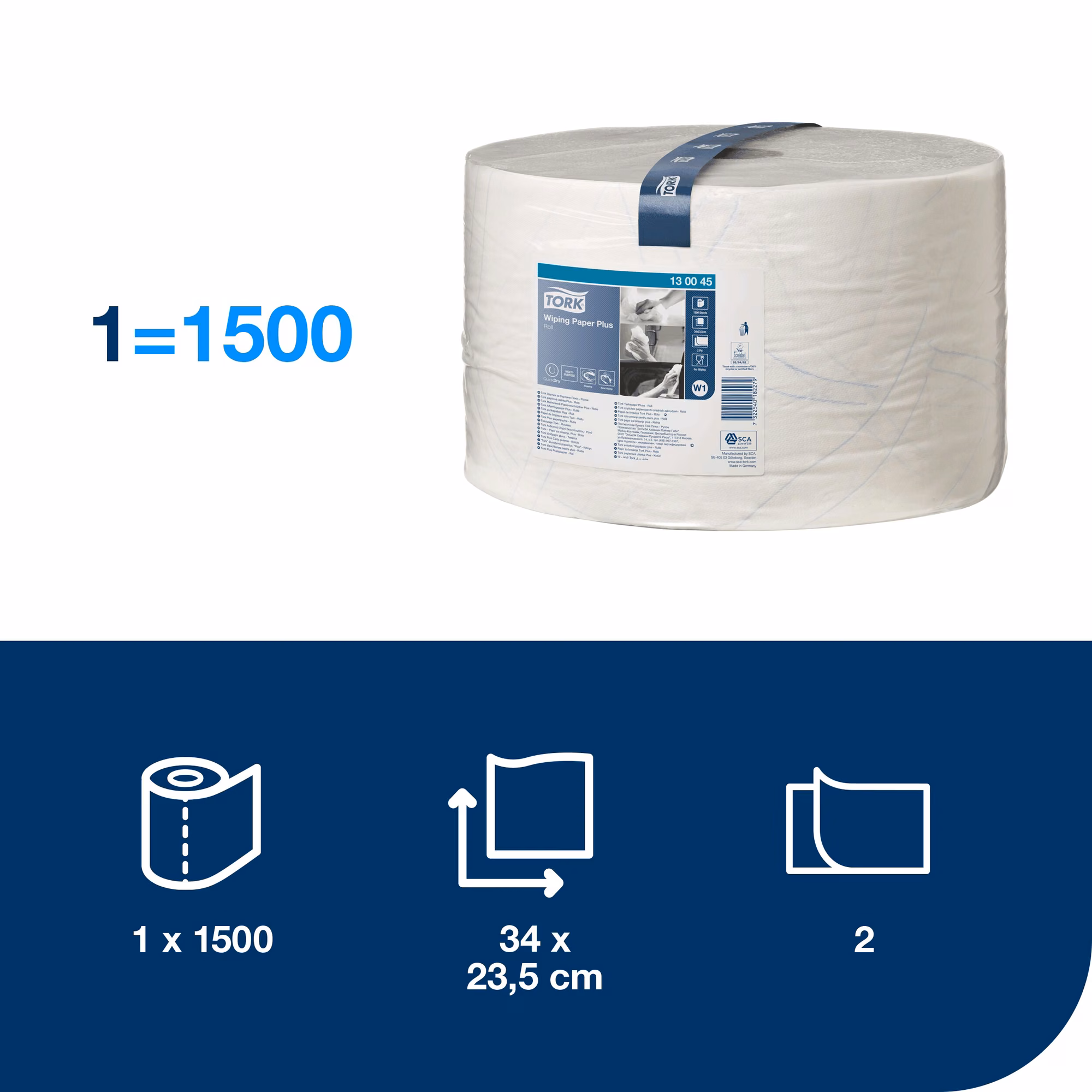 Tork czyściwo papierowe do średnich zabrudzeń, specyfikacja techniczna rolki 34x23,5 cm i 1500 listków