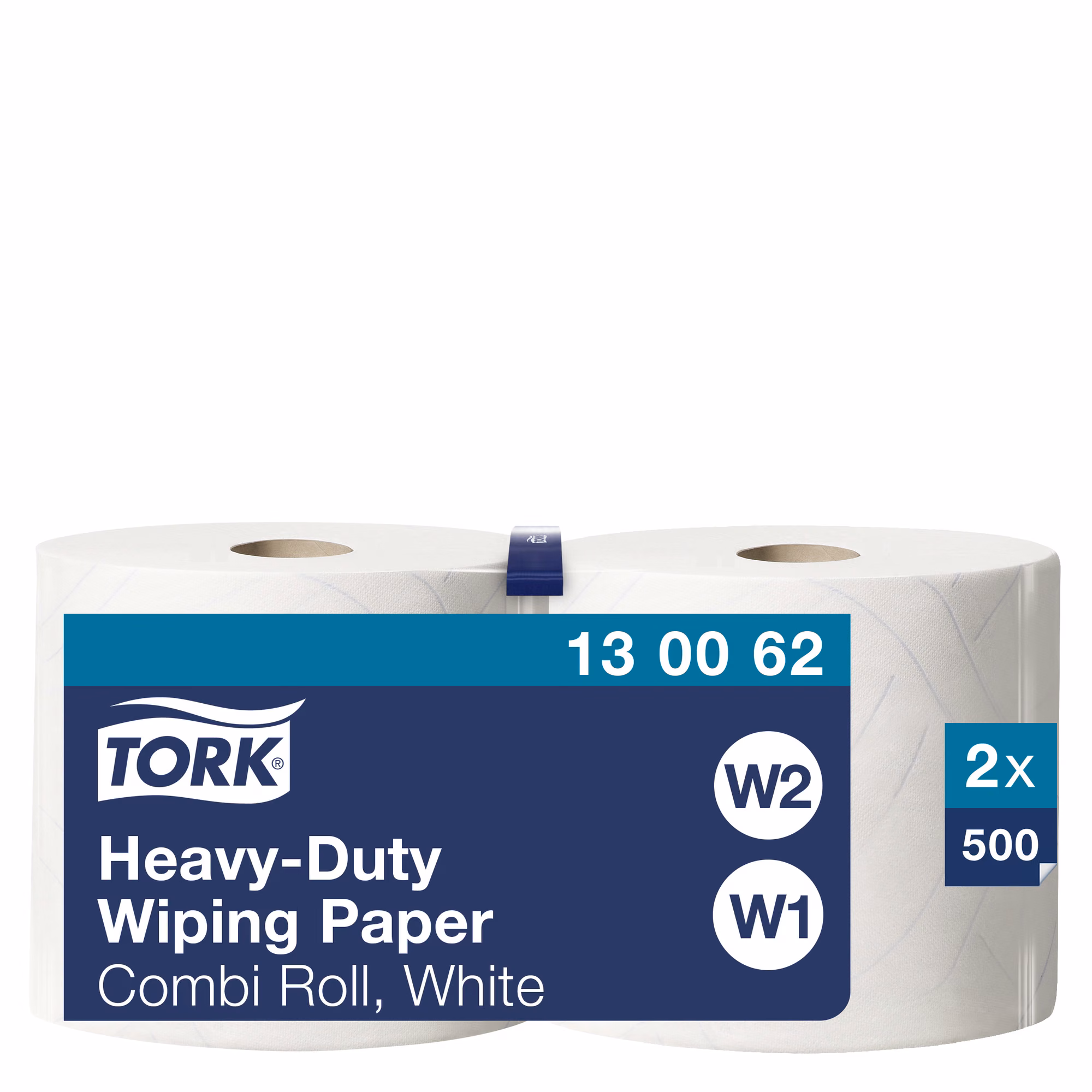 Tork czyściwo papierowe wielozadaniowe do trudnych zabrudzeń, dwie białe rolki w opakowaniu z etykietą Heavy-Duty