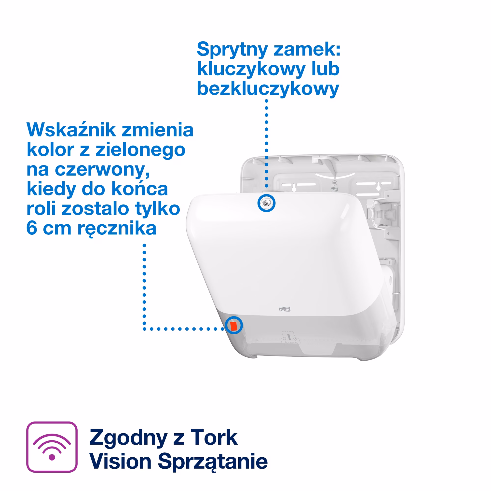 Tork Matic® dozownik do ręczników papierowych w roli, otwarta obudowa prezentująca zamek oraz czerwony wskaźnik roli