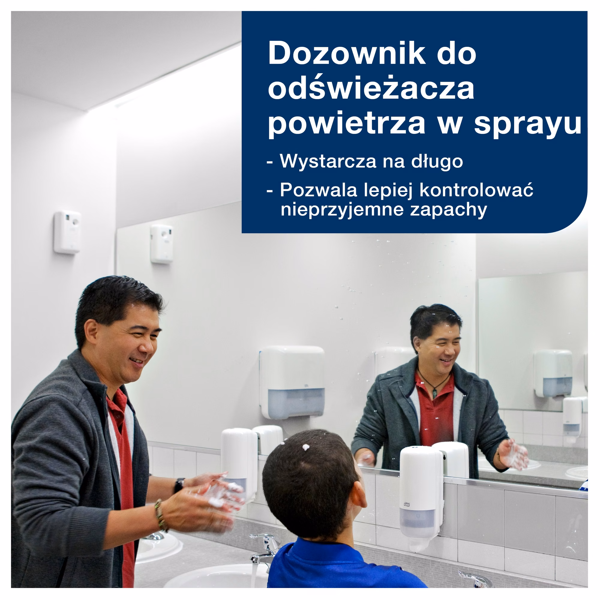 Tork dozownik do odświeżaczy powietrza w sprayu A1, widok na dozowniki zamontowane w publicznej toalecie