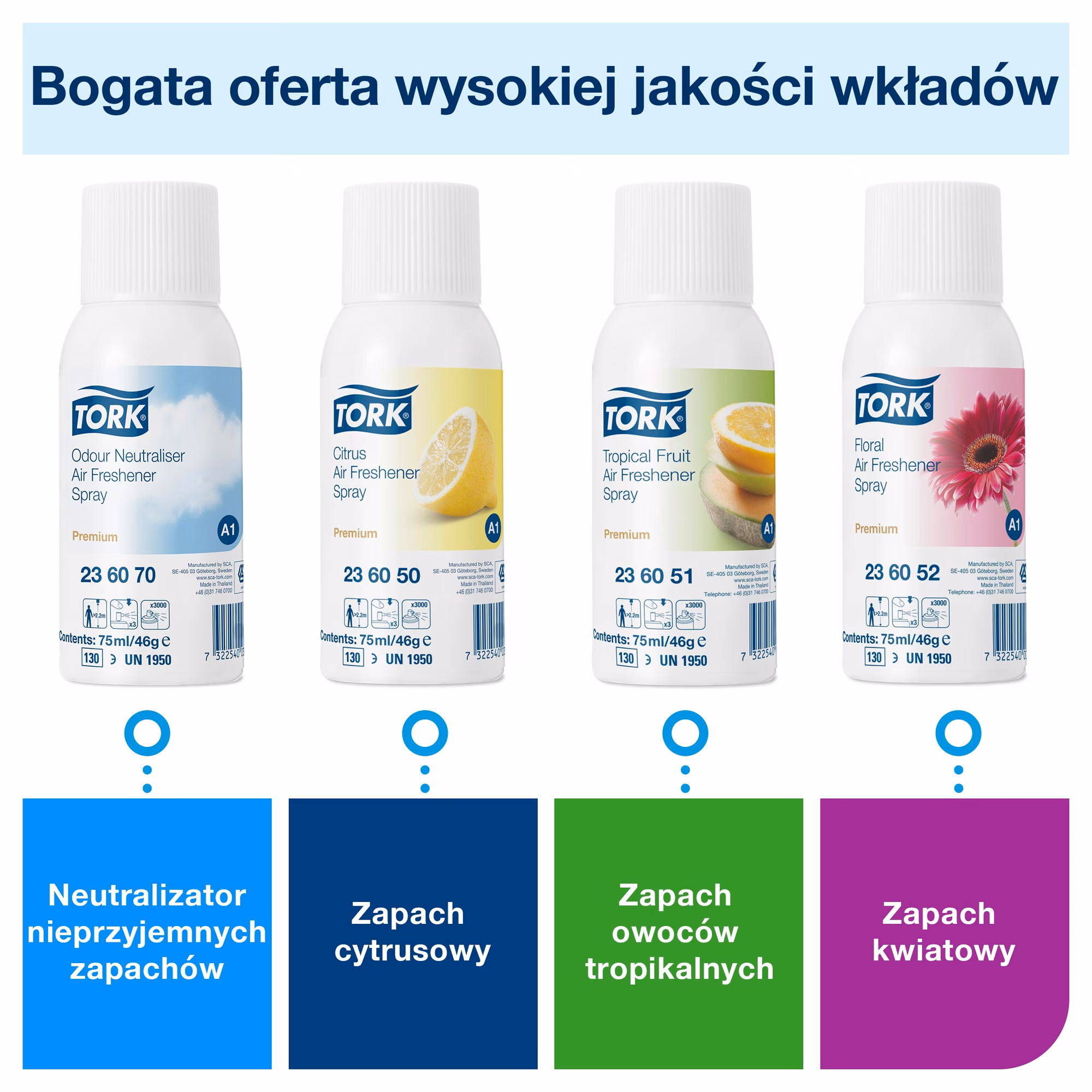 Tork dozownik do odświeżaczy powietrza w sprayu A1, cztery rodzaje wkładów zapachowych: neutralny, cytrus, owoc, kwiat