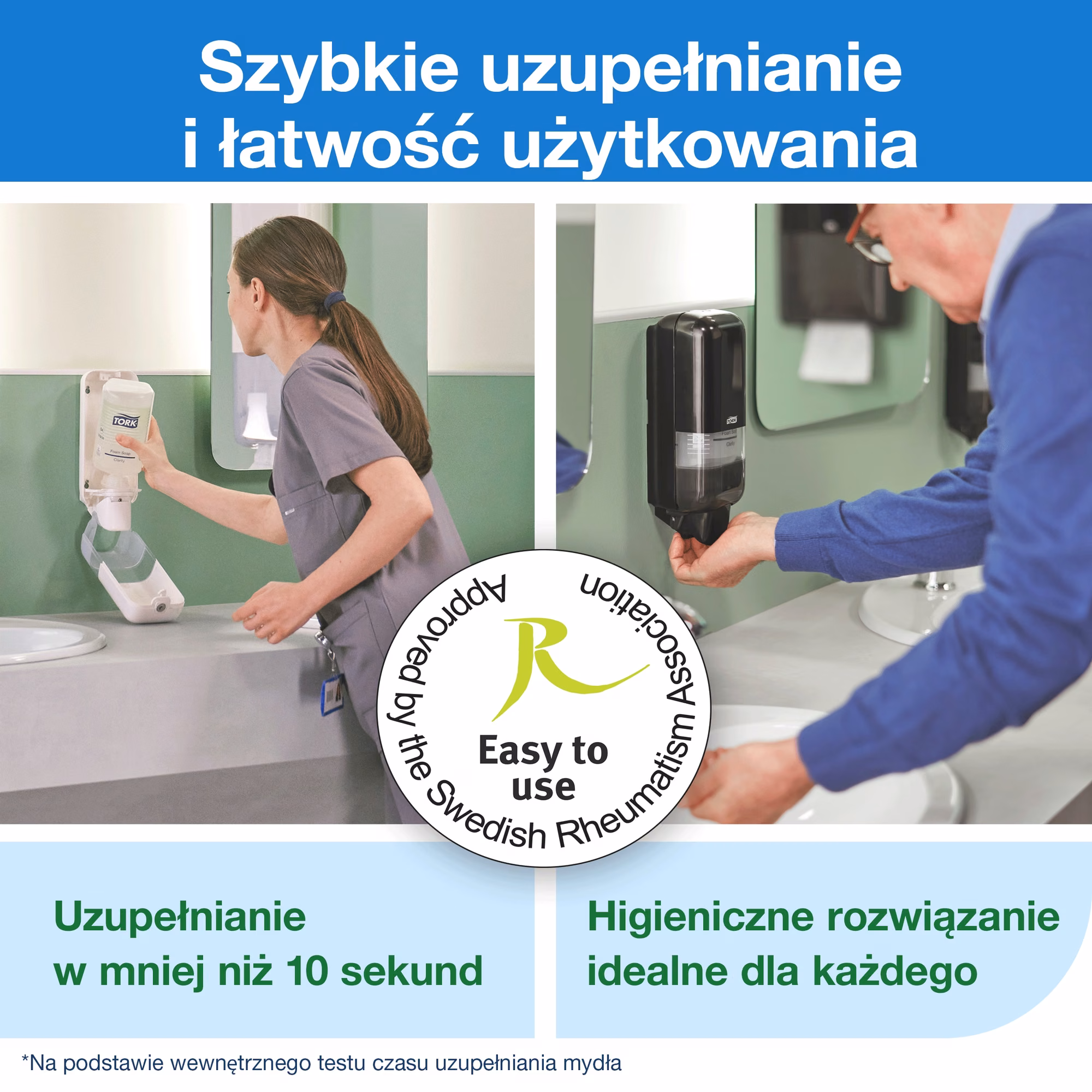 Tork przemysłowe mydło w płynie S1, proces wymiany wkładu w dozowniku i certyfikat Easy to Use