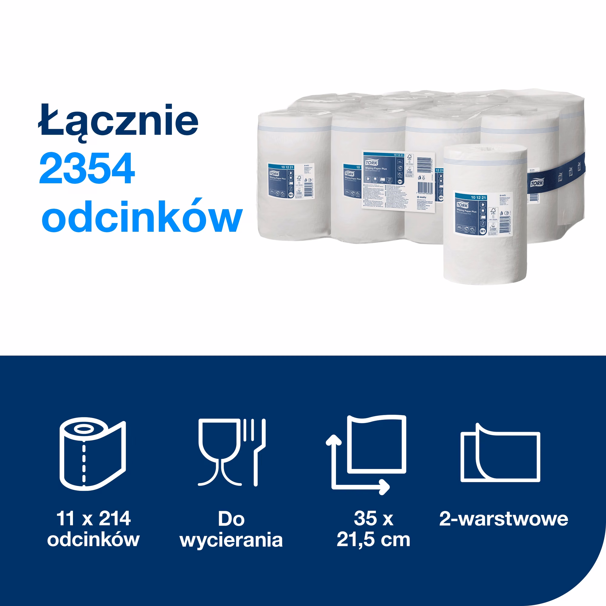 Czyściwo papierowe Tork Plus w rolce Mini M1, specyfikacja techniczna 2354 odcinków i wymiary listka