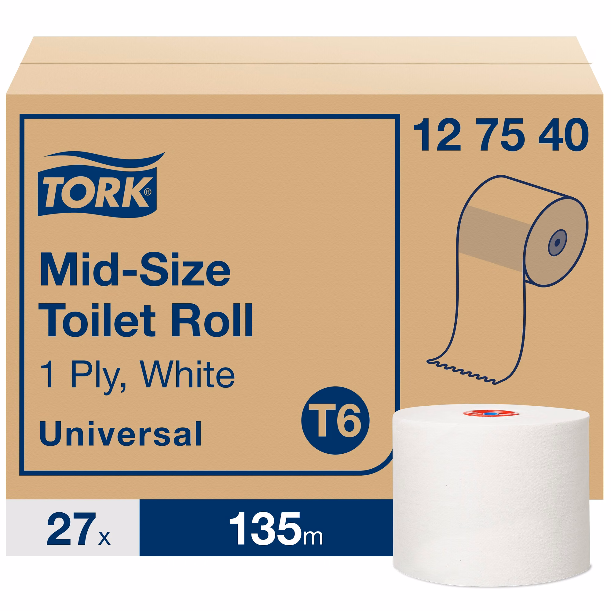 Tork Mid-size papier toaletowy, biała rolka na tle zbiorczego kartonu T6 Universal