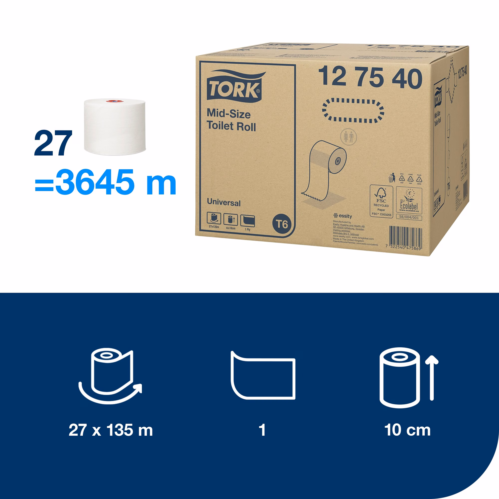 Tork Mid-size papier toaletowy, specyfikacja techniczna i wymiary rolki 10 cm