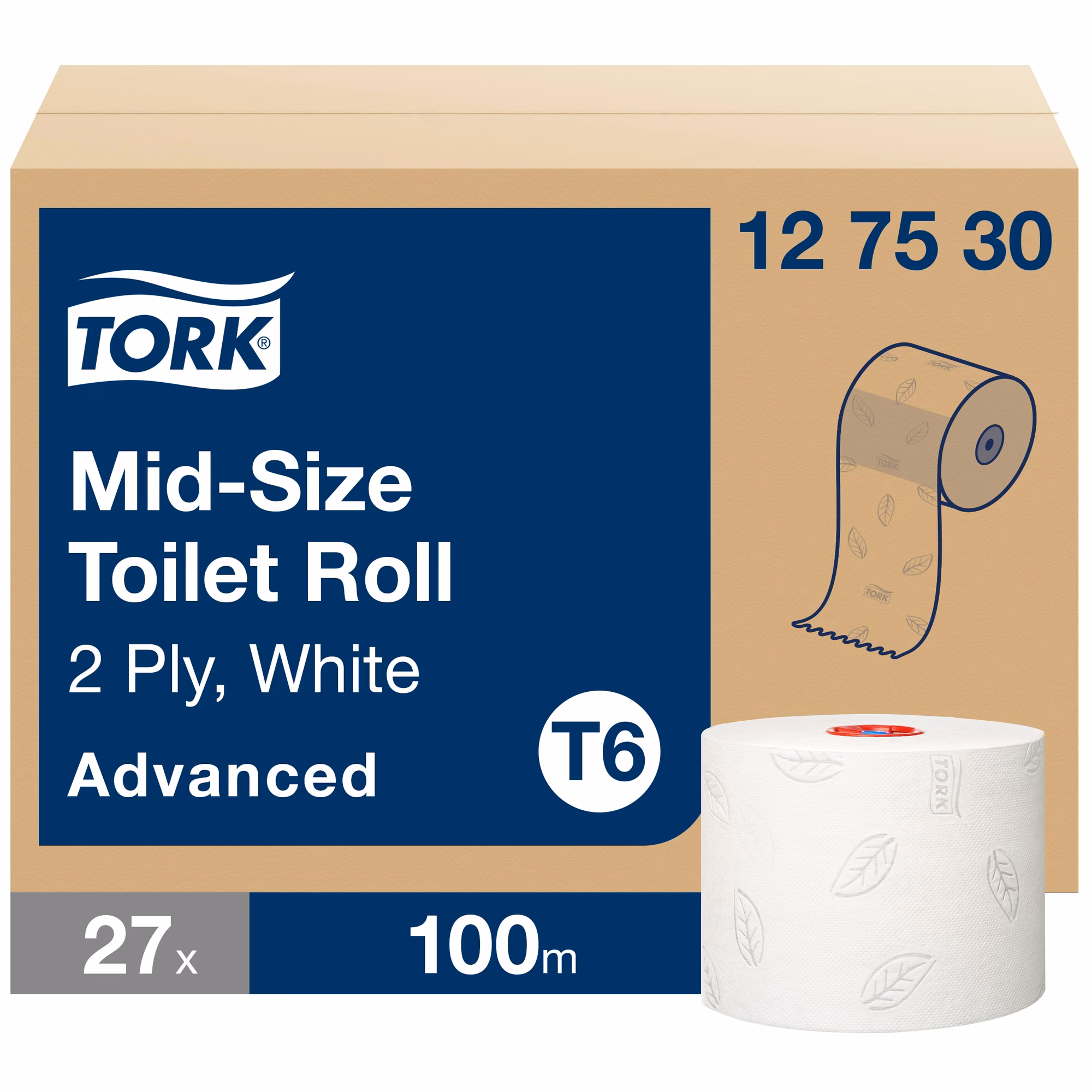 Tork Mid-size papier toaletowy, 2-warstwowy, opakowanie zbiorcze z pojedynczą rolką na pierwszym planie