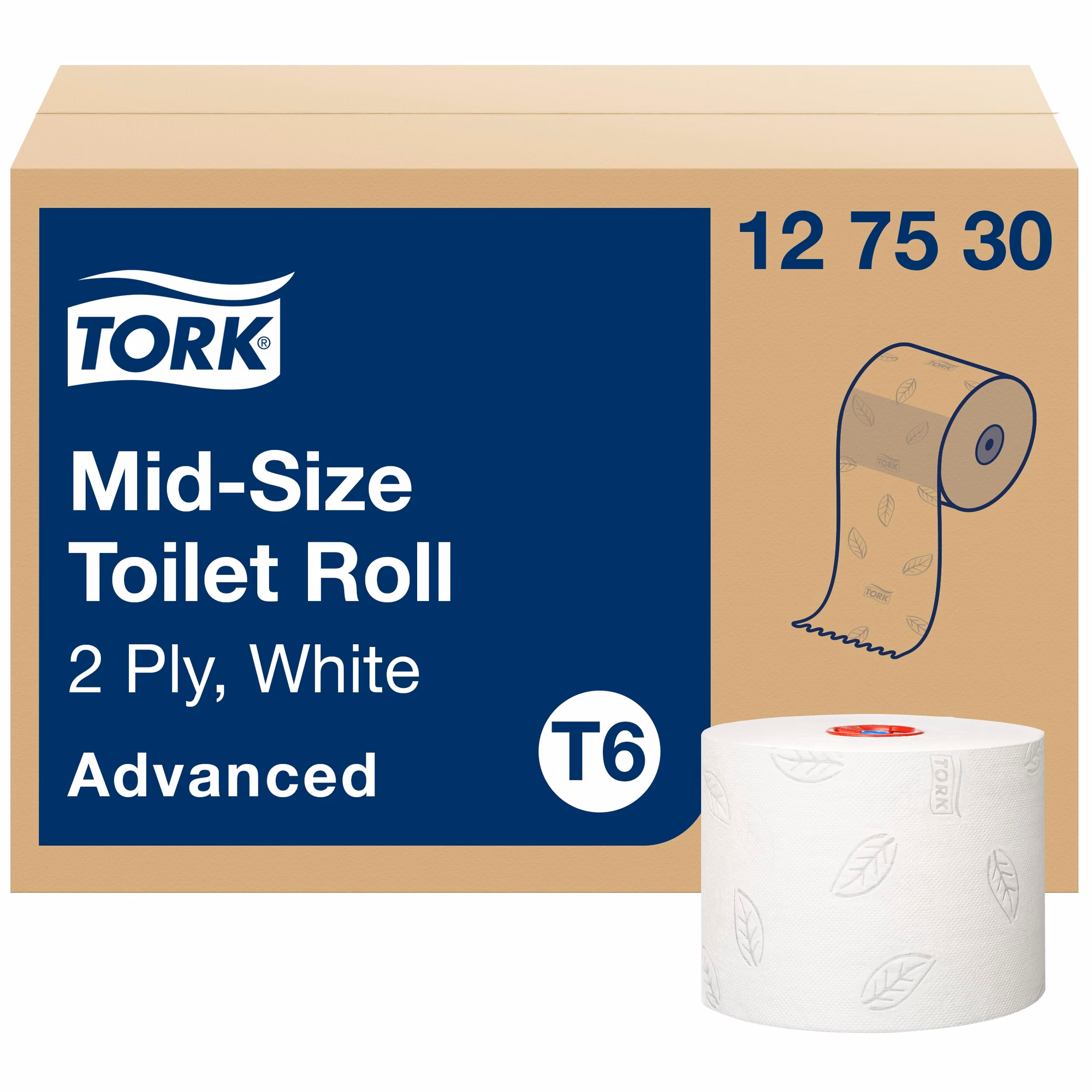 Tork Mid-size papier toaletowy, 2-warstwowy, zbliżenie na karton zbiorczy systemu T6 Advanced