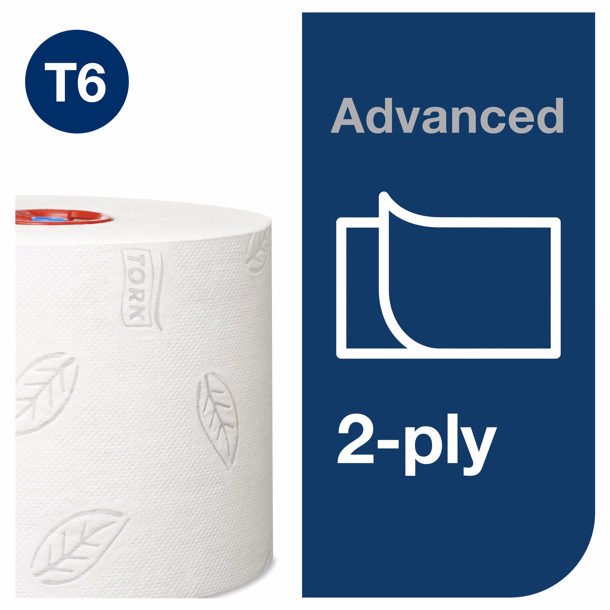 Tork Mid-size papier toaletowy, 2-warstwowy, detal białej rolki z tłoczeniem w kształcie liścia