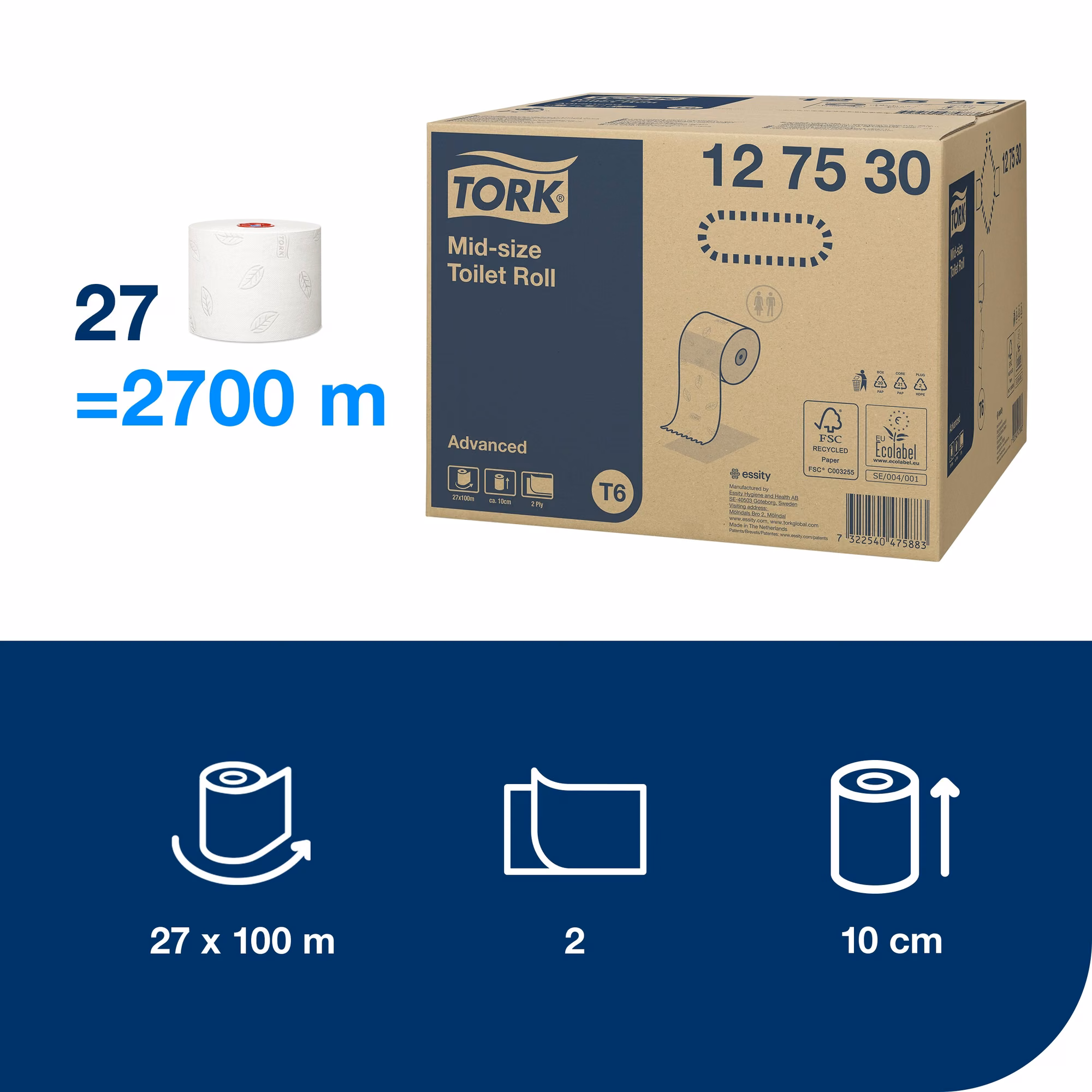 Tork Mid-size papier toaletowy, 2-warstwowy, infografika pokazująca 27 rolek o łącznej długości 2700 metrów