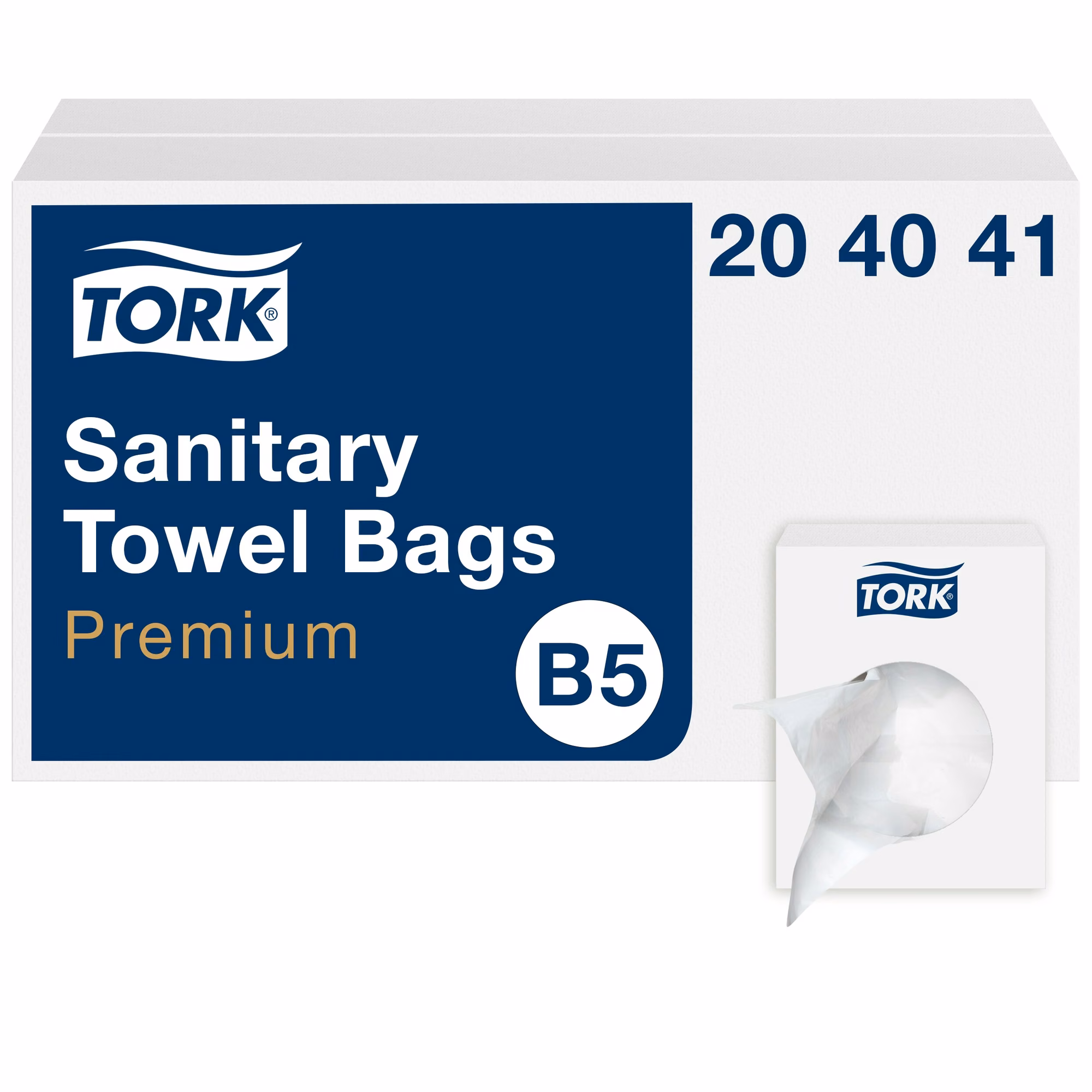 Tork woreczki sanitarne białe 13,5 x 25 cm, frontowe opakowanie produktu z logo Tork i oznaczeniem B5