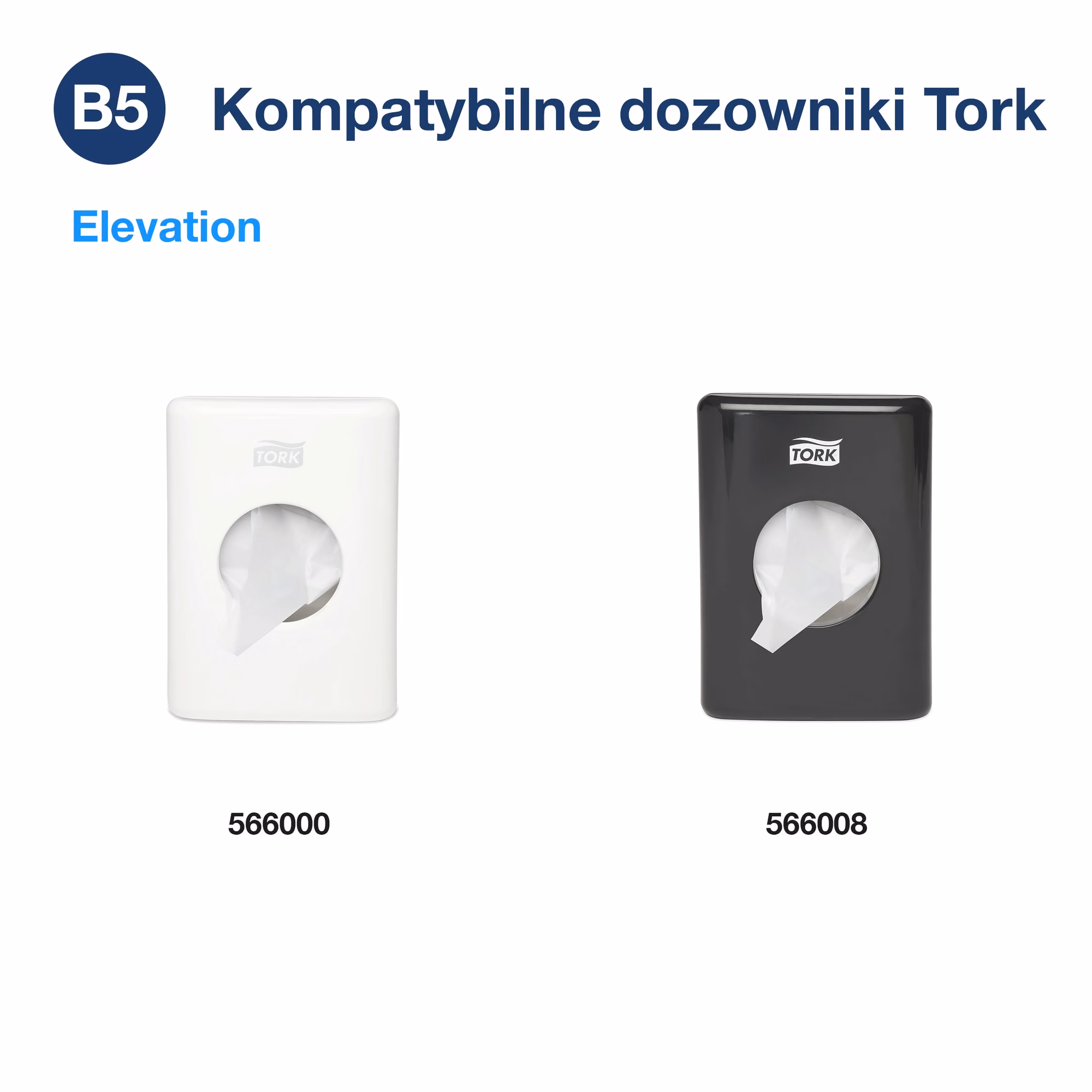 Tork woreczki sanitarne, zestawienie kompatybilnych dozowników Elevation w kolorze białym i czarnym