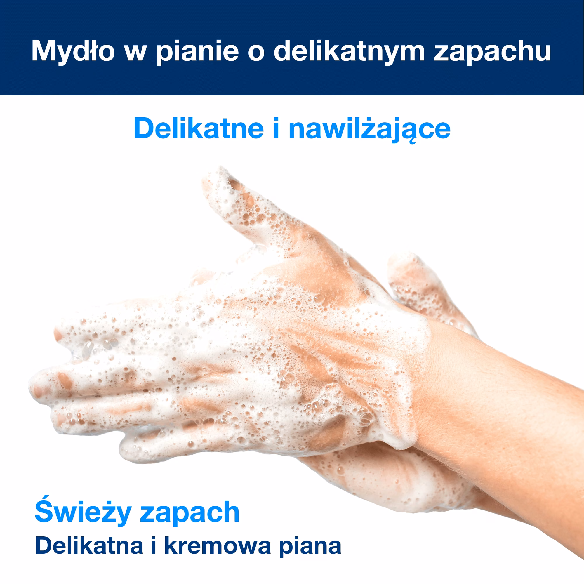 Tork delikatnie perfumowane mydło w pianie S4, kremowa piana na dłoniach podkreślająca delikatność i świeży zapach
